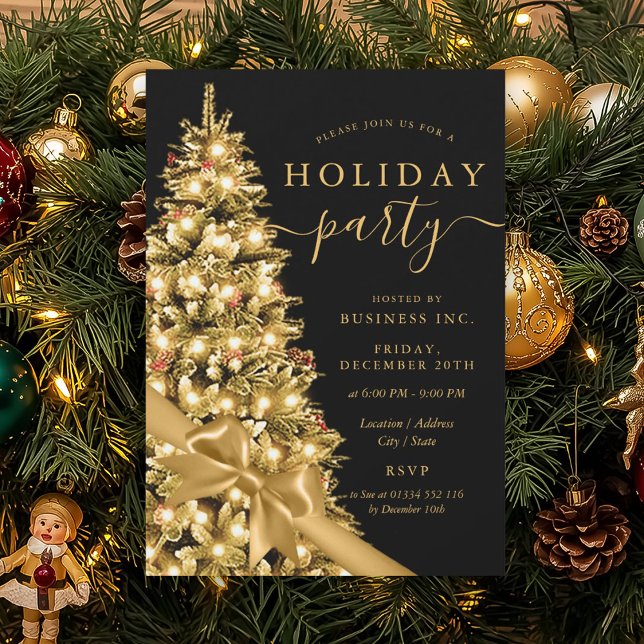 Gold Xmas Tree Bow Corporate Holiday Party  Inbjudningar (Gold Xmas Tree Bow Corporate Holiday Party Invitation)