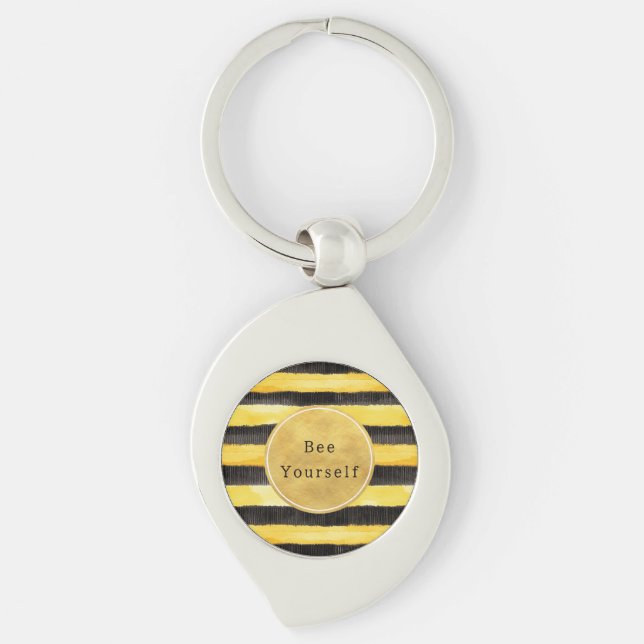 Gold Yellow Black Bee Stripes Swirl Silverfärgad Nyckelring (Framsidan)