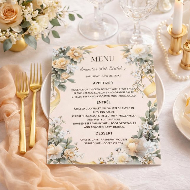 Gold yellow florals ribbon menu card (Skapare uppladdad)