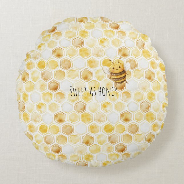 Gold Yellow Honeycomb Sweet Cute Honey Bee Rund Kudde (Framsidan)