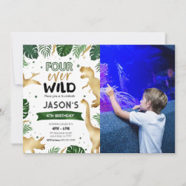 Golden 4th Dinosaur Födelsedagsfest Photo Inbjudningar