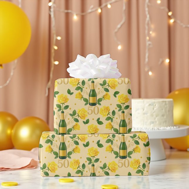 Golden 50-årsjubileum Gul ros Wrapping Pape Presentpapper (Golden 50th anniversary gift wrap with yellow roses and champagne bottle pattern)