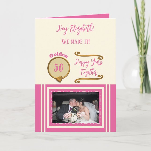 Golden 50-årsjubileum lycklig rosa kräm kort (Framsida)