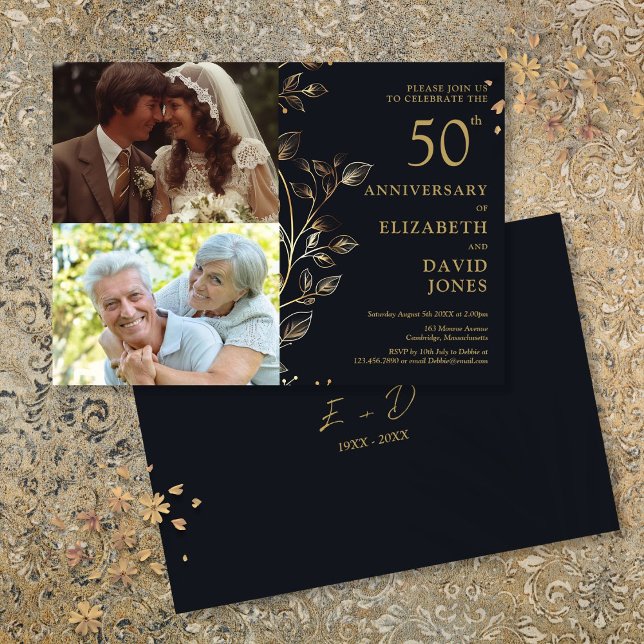 Golden 50:e Bröllop-årsdagen 2 Fotoinbjudan Inbjudningar (Golden 50th Wedding Anniversary 2 Photo Invitation)