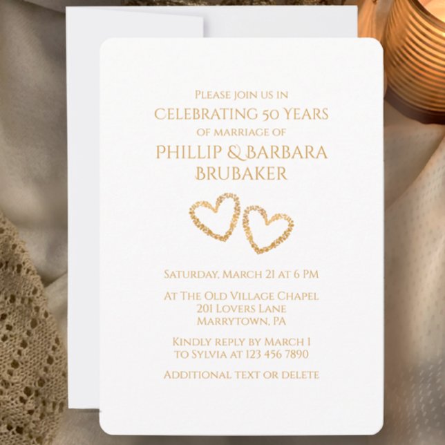 Golden 50:e Bröllop-årsdagen Party Heart-Anpassnin Inbjudningar (Customize this Golden 50th wedding anniversary party invitation, unique hearts, simple stylish )