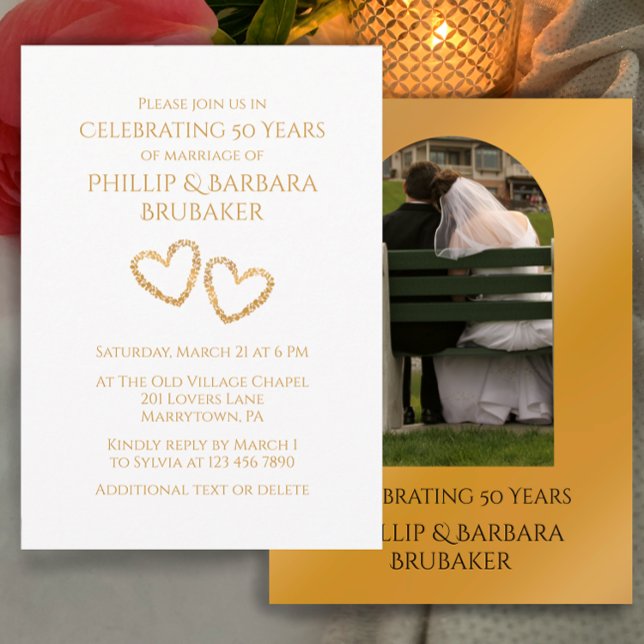 Golden 50th Wedding Anniversary Arch Photo Hearts  Inbjudningar (Personalize this template for a simple elegant golden wedding anniversary party invitation.
)