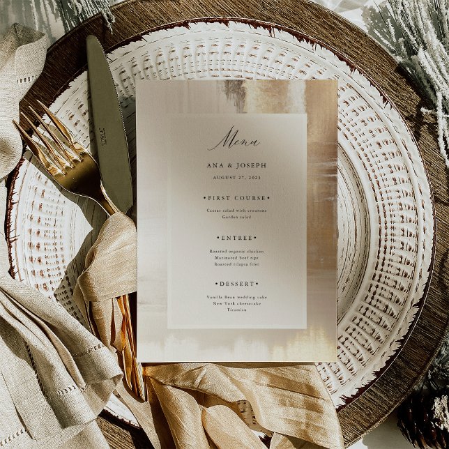 Golden Abstrakt | ELEGANT BRÖLLOP Meny (An elegant, faux gold abstract look and a trendy neutral center frame decorate this wedding menu)