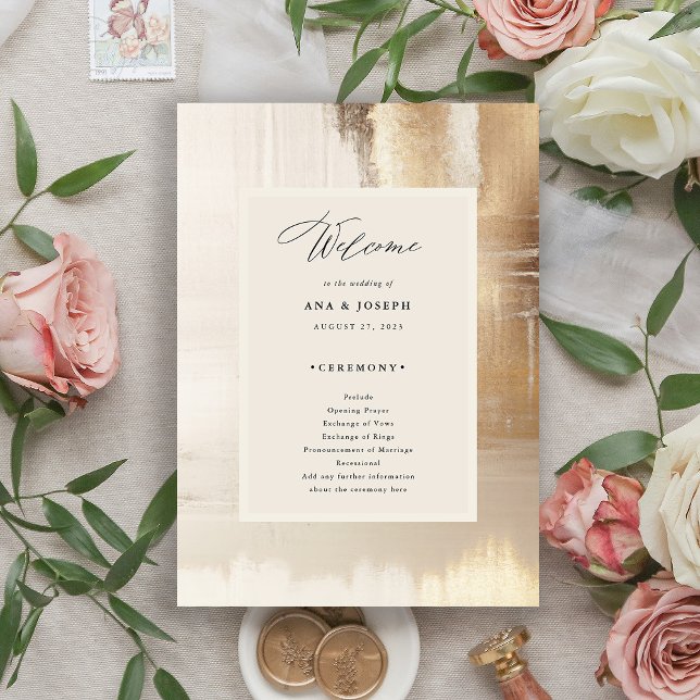 Golden Abstrakt | ELEGANT BRÖLLOP Program (An elegant, modern wedding program with a gold abstract border and a neutral beige center)