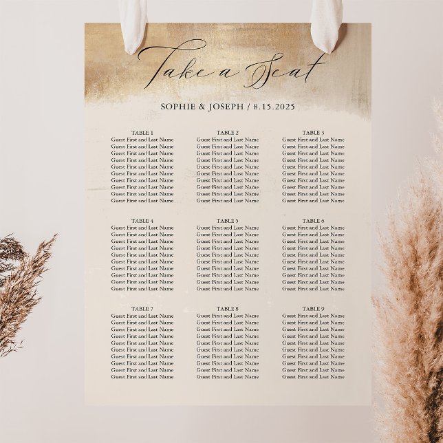 Golden Abstrakt | Modern passagerarlista Bröllop Poster (An elegant, faux gold abstract look on a neutral ivory beige wedding seating chart)