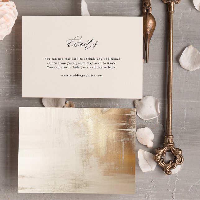 Golden Abstrakt | Uppgifter om Elegant bröllop Tilläggskort (An elegant, neutral ivory beige wedding details insert card with a glamorous abstract gold back)