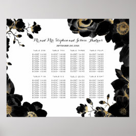 Golden Accentated Black Blommigt Seating Chart Poster