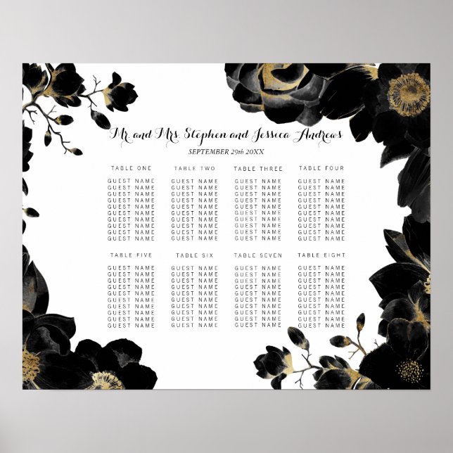 Golden Accentated Black Blommigt Seating Chart Poster (Framsidan)
