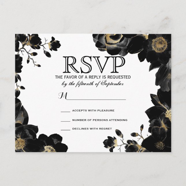 Golden Accented Black Blommigt OSA Postcards Inbjudan Vykort (Framsida)