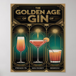 Golden Age of Gin Cocktails Art Deco Bar Poster