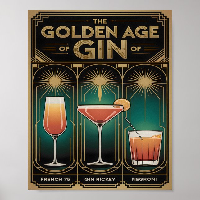 Golden Age of Gin Cocktails Art Deco Bar Poster (Framsidan)