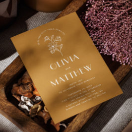 Golden Amber Blommigt Minimalist Bröllop. QR och f Inbjudningar