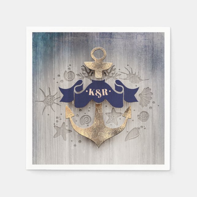 Golden Anchor Navy Blue Nautical Bröllop Pappersservett (Framsidan)