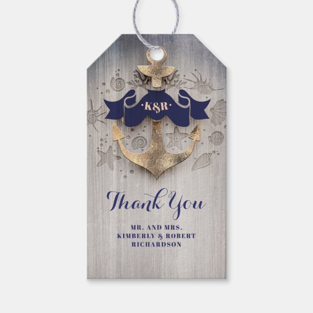 Golden Anchor Navy Nautical Bröllop Presentetikett (Framsidan)