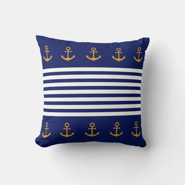 Golden Anchors, Blue & White Rand på marinblått Kudde (Framsida)