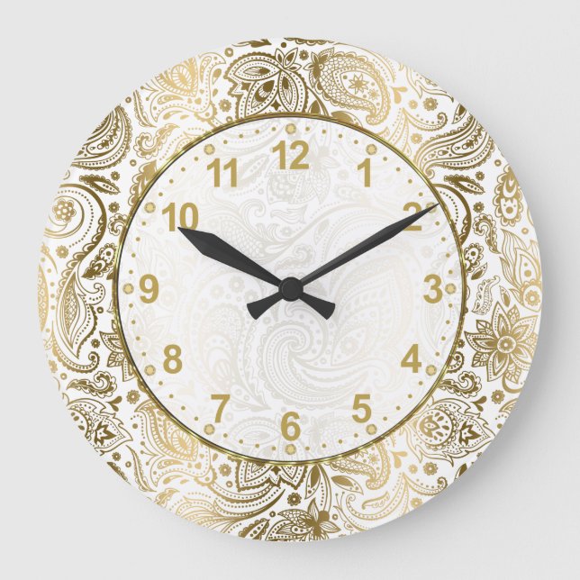 Golden and White Blommigt Paisley Large Clock Stor Klocka (Framsida)
