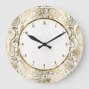 Golden and White Blommigt Paisley Stor Klocka