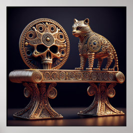 Golden Android Cat On Pedestal With Skull Shield Poster