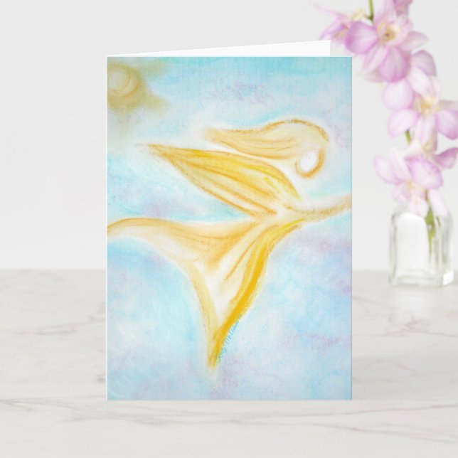 Golden Angel in Flight – Turquoise Sky Greeting Kort (Orkide)
