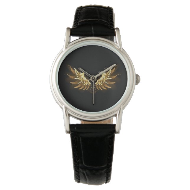 Golden Angel Vingar på svart bakgrund Armbandsur (Framsida)