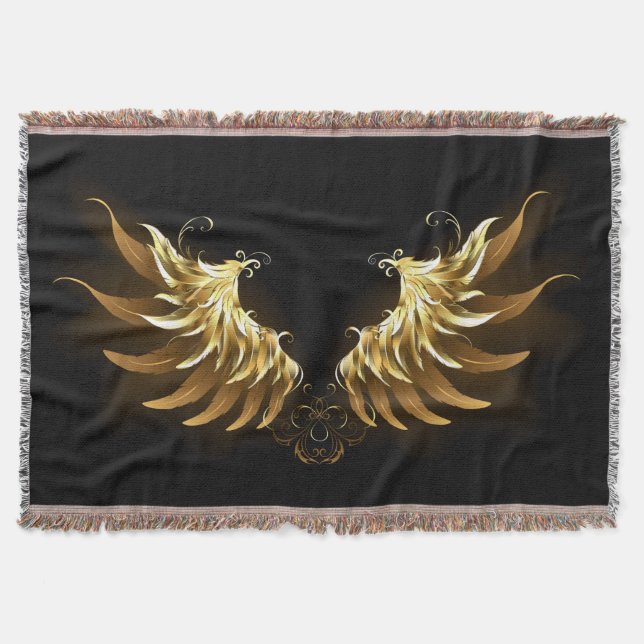 Golden Angel Vingar på svart bakgrund Filt (Framsidan)