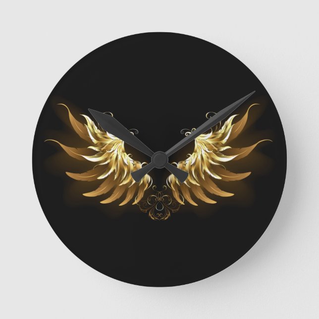 Golden Angel Vingar på svart bakgrund Rund Klocka (Framsida)
