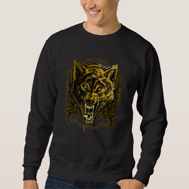 Golden Angry Illuminati Wolf Lång Ärmad Tröja (Framsida)
