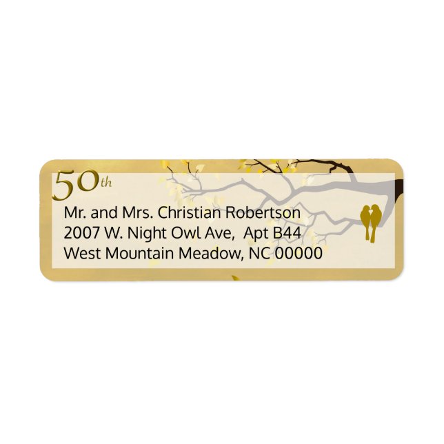 Golden Annibröllopsdag Lovebird Returadress Etikett (Framsidan)