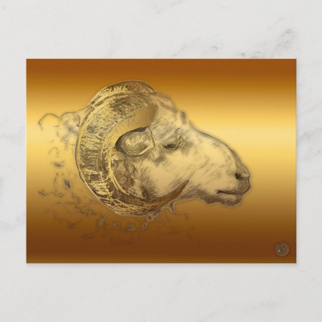 Golden Aries Ram Western Chinese Astrology Vykort (Framsida)