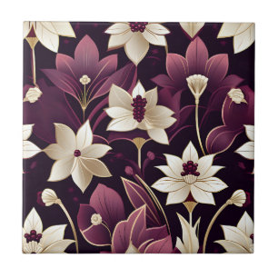 Golden Art Deco Flowers Burgundy Kakelplatta
