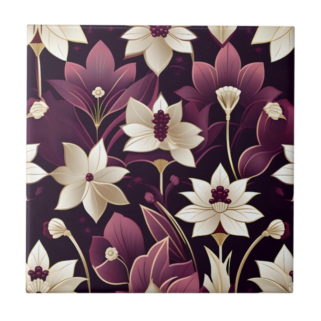 Golden Art Deco Flowers Burgundy Kakelplatta (Framsidan)