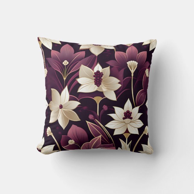 Golden Art Deco Flowers Burgundy Kudde (Framsida)