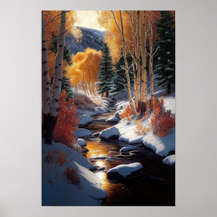 Golden Aspen Träd i Snö vid floden Poster