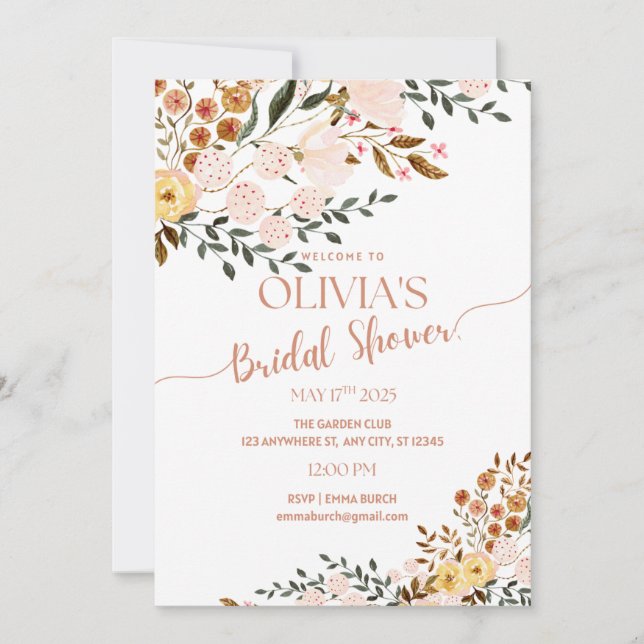 Golden Autumn Botanicals Bridal Shower Invitation Inbjudningar (Framsida)