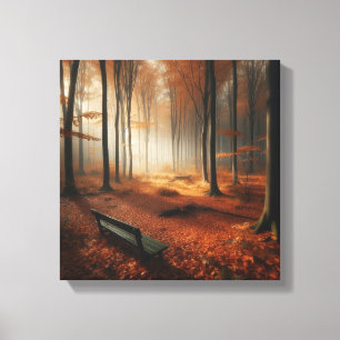 Golden Autumn Clearing med Bench med Forest Canvastryck