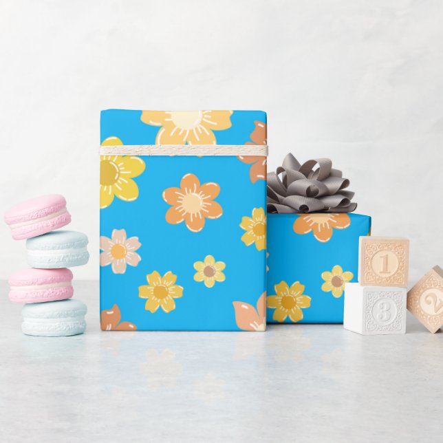 Golden Autumn Flowers Blue Seamless Fall Birthday Presentpapper (Baby Shower)