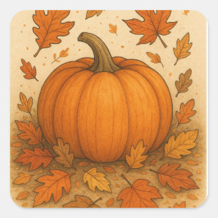 Golden Autumn Pumpkin och Falling Löv Fyrkantigt Klistermärke