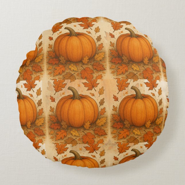 Golden Autumn Pumpkin och Falling Löv Rund Kudde (Framsidan)