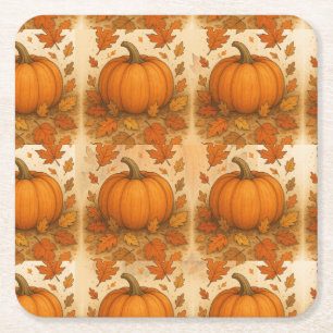 Golden Autumn Pumpkin och Falling Löv Underlägg Papper Kvadrat