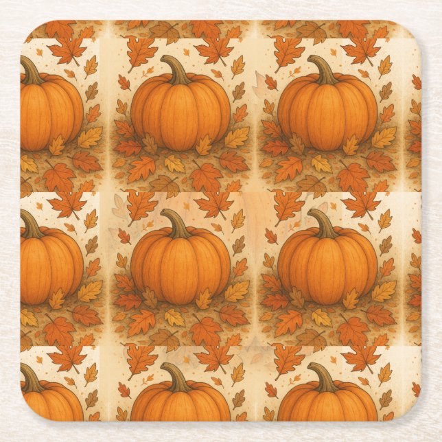 Golden Autumn Pumpkin och Falling Löv Underlägg Papper Kvadrat (Framsidan)