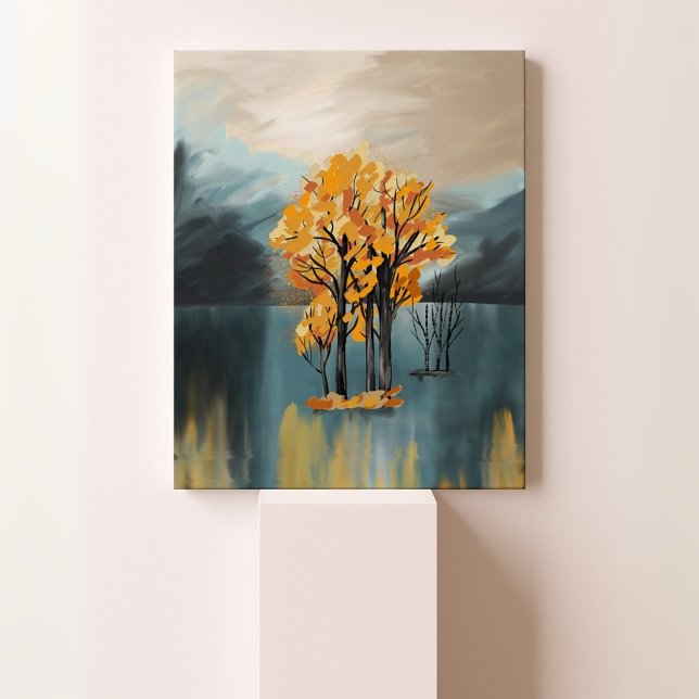 Golden Autumn Träd på Blue Sjö Canvas (Skapare uppladdad)