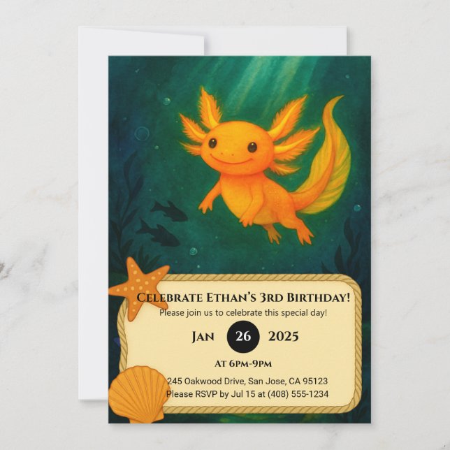 Golden Axolotl i Moonlit Pond Birthday Inbjudningar (Framsida)