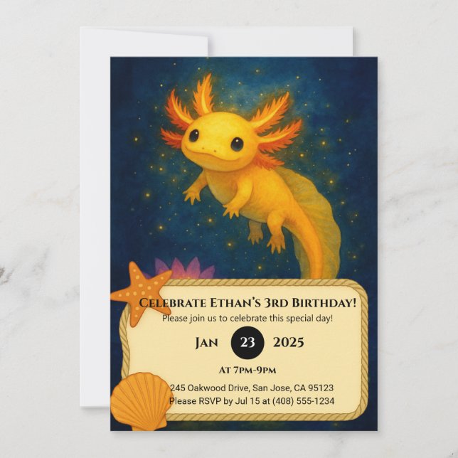 Golden Axolotl Over Lotus Pond Birthday  Inbjudningar (Framsida)