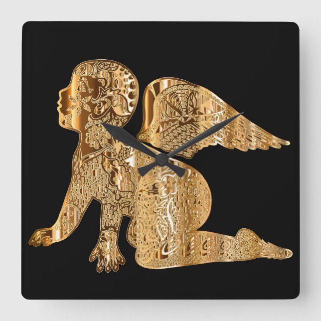 Golden Baby Angel Shiny Elegant Black Fyrkantig Klocka (Framsida)