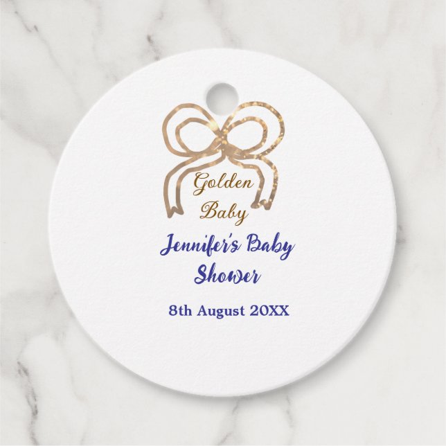 Golden baby glitter ger royalet blått babydusch gåvor etiketter (Framsida)