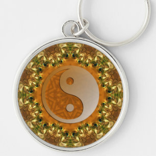 Golden Balance Yin Yang Keychain Rund Silverfärgad Nyckelring